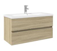 HETFTJN Ensemble Meuble de Salle de Bain 2 Pcs, Meuble sous Vasque Suspendu Chêne Sonoma en Bois d'Ingénierie avec Vasque en Céramique Blanc 91 cm, Robinet et Bonde de Vidage