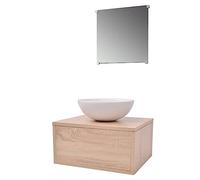 HETFTJN Ensemble Meuble de Salle de Bain 3 Pièces avec Armoire Vasque Suspendue Beige, Lavabo Céramique Rond et Miroir Carré, Idéal pour Petit Espace et Toilettes, 40x34cm