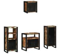 HETFTJN Ensemble Meuble de Salle de Bain 4 Pièces en Bois Recyclé Solide, Mobilier de Rangement avec Placards Muraux, Armoires sur Pied, Tiroirs et Étagères, Multicolore et Noir