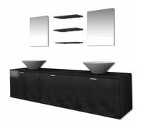HETFTJN Ensemble Meuble de Salle de Bain Suspendu Noir avec Double Vasque en Céramique, Mobilier 8 Pièces avec Armoire 3 Tiroirs 180cm, 2 Miroirs et 3 Étagères Murales