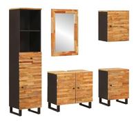 HETFTJN Ensemble Meuble Salle de Bain 5 Pcs en Bois de Mangue Massif Naturel, Set avec Miroir, Meuble sous Vasque, 2 Colonnes de Rangement et 1 Element Suspendu Chic