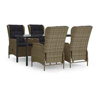 HETFTJN Ensemble Repas de Jardin 5 Pièces, Table en Verre Trempé 160x80 cm et 4 Chaises Inclinables en Résine Tressée avec Coussins, Salon de Terrasse Extérieur, Marron et Noir