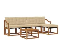 HETFTJN Ensemble Salon de Jardin 6 Pièces en Bois d'Acacia Massif et Textilène, Canapé d'Extérieur Modulable avec Table, Pouffe et Coussins de Siège Confortables, Beige et Naturel