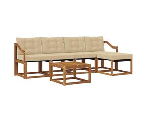 HETFTJN Ensemble Salon de Jardin 6 Pièces en Bois d'Acacia Massif et Textilène, Canapé d'Extérieur Modulable avec Table, Pouffe et Coussins de Siège Confortables, Beige et Naturel