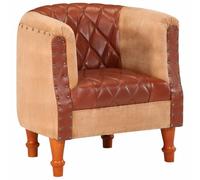 HETFTJN Fauteuil Cabriolet en Cuir Véritable et Bois de Manguier Massif - Chaise Rétro Marron en Toile avec Rivets pour Salon et Bureau - Fauteuil Club Industriel Confortable 60x57x64 cm