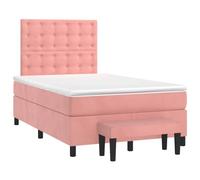 HETFTJN Lit à Sommier 120x190 cm avec Matelas et Surmatelas, Cadre de Lit en Velours Rose avec Tête de Lit Réglable en Hauteur et Banc Bout de Lit Assorti pour Chambre