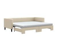 HETFTJN Lit de Repos 2 en 1 avec Lit Gigogne et 2 Matelas en Mousse Crème 80x200 cm, Canapé-Lit de Salon ou Chambre d'amis en Tissu Polyester et Structure en Bois et Métal