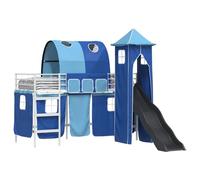 HETFTJN Lit Mezzanine 100 x 190 cm en Métal Blanc et Bleu, Structure de Lit Cabane Surélevé avec Toboggan, Tunnel de Jeu, Rideaux de Maille, Tour et Matelas en Mousse