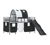 HETFTJN Lit Mezzanine 90 x 200 cm avec Toboggan et Rideaux en Maille Cadre de Lit Cabane Surélevé en Acier Noir Structure Métallique Gain de Place pour Chambre à Coucher