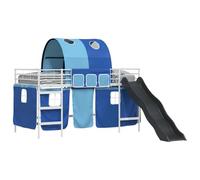 HETFTJN Lit Mezzanine pour Enfants 80x200 cm, Lit Loft en Métal Blanc et Bleu avec Toboggan, Rideaux de Jeu en Maille et Sommier à Lattes, Lit Cabane en Acier Solide