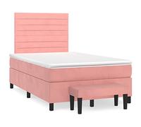 HETFTJN Lit Sommier Complet 120x200 cm en Velours Rose avec Matelas à Ressorts Ensachés, Surmatelas Mousse, Tête de Lit Réglable et Banc de Bout de Lit pour Chambre à Coucher