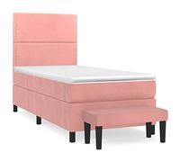 HETFTJN Lit Sommier Complet 90x200 cm avec Matelas Ressorts Ensachés et Surmatelas Lit Simple 1 Place en Velours Rose avec Tête de Lit Réglable et Banc de Bout de Lit
