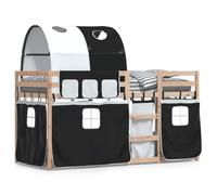 HETFTJN Lit Superposé 80x200 cm en Bois de Pin Massif avec Rideaux Noir et Blanc et Tunnel Cadre de Lit avec Sommier à Lattes Échelle et Barrière de Sécurité sans Matelas