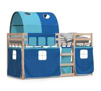 HETFTJN Lit Superposé en Bois de Pin Massif 80x200 cm, Cadre de Lit avec Sommier à Lattes, Rideaux de Façade et Tunnel Bleus, Lit Cabane Gain de Place pour Chambre, sans Matelas