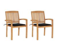 HETFTJN Lot de 2 chaises de jardin en teck massif - 60 x 57,5 x 90 cm - Avec coussins d'extérieur noirs - Empilables - Résistant aux intempéries - Design vintage pour jardin, terrasse, balcon