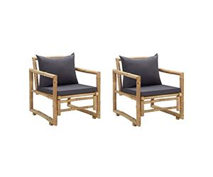 HETFTJN Lot de 2 chaises de jardin pliables en bambou - 60,5 x 65 x 71,5 cm - Avec coussins gris foncé - Robuste - Pour balcon, terrasse, camping