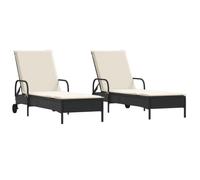 HETFTJN Lot de 2 chaises longues pliables en polyrotin noir résistant aux intempéries pour jardin, balcon et piscine, avec roulettes et coussins, 61 x 161 x 87 cm