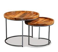 HETFTJN Lot de 2 Tables d'Appoint Gigognes en Bois de Manguier Massif et Fer Forgé, Tables Basses Rondes Style Industriel Vintage pour Salon, Chambre et Bout de Canapé