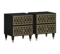 HETFTJN Lot de 2 tables de chevet 40 x 33 x 46 cm en bois de manguier massif avec fleurs rétro en relief - Pieds en métal noir - Commode avec 2 tiroirs - Design moderne pour chambre à coucher, salon
