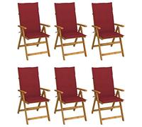 HETFTJN Lot de 6 chaises de jardin pliantes, en acacia massif, 57 x 69 x 111 cm, 5 positions, coussins bordeaux, peu encombrantes, pour jardin, balcon, terrasse, camping