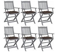 HETFTJN Lot de 6 chaises de jardin pliantes, en acacia massif, taupe, 54 x 57 x 91 cm, avec coussin de 7 cm, modernes, pour l'extérieur, le balcon, la terrasse, le camping