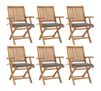 HETFTJN Lot de 6 chaises de jardin pliantes en bois de teck - Avec coussin d'extérieur gris de 40 x 40 cm - 56 x 58 x 88 cm - Résistant aux intempéries - Peu encombrante - Pour terrasse, balcon