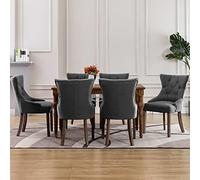 HETFTJN Lot de 6 chaises de salle à manger en tissu et arbre d'hévéa - Gris - Bois massif - 53 x 65 x 91 cm - Avec agrafage à boutons et confort d'assise de 12 cm - Pour cuisine, salle à manger, salon