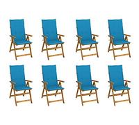 HETFTJN Lot de 8 chaises de jardin pliantes en acacia massif 57 x 69 x 111 cm avec coussin d'assise bleu, dossier réglable en 5 positions, pliable pour terrasse, balcon, camping, salon
