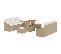 HETFTJN Lot de 9 canapés de jardin beige crème en rotin synthétique avec bois d'acacia - Table de rangement - Résistant aux intempéries - 90 x 55 x 71 cm - Meuble de salon moderne pour terrasse
