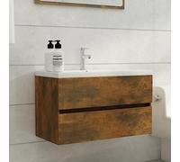 HETFTJN Meuble de lavabo 80 x 38,5 x 45 cm - En bois de chêne fumé - Buffet moderne avec 1 tiroir - Petit meuble de salle de bain compact - Pour toilettes d'invités et petite salle de bain