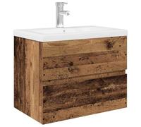 HETFTJN Meuble sous-lavabo en bois recyclé 60 x 38,5 x 45 cm avec baignoire en céramique blanche, bonde pop-up et robinet, armoire murale pour petites salles de bains et toilettes d'invités