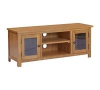 HETFTJN Meuble TV 110x35x44 cm en Bois de Chêne Massif et MDF, Banc TV Rustique avec 2 Portes Vitrées et 2 Compartiments Ouverts, Support de Télévision Bas pour Votre Salon