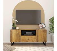 HETFTJN Meuble TV bas 105 x 33,5 x 46 cm en bois de manguier massif et fer, finition marron miel, tiroir extensible et 2 portes, design moderne et robustesse pour salon et chambre à coucher