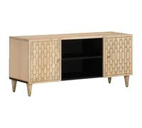 HETFTJN Meuble TV bas 105 x 33 x 46 cm en bois massif de manguier blanchi avec motif sculpté à la main - Grand espace de rangement - Buffet moderne pour salon, couloir et chambre à coucher
