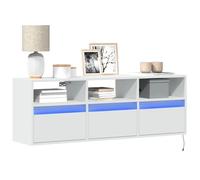 HETFTJN Meuble TV bas blanc avec éclairage LED RVB 130 x 31 x 45 cm en matériau bois 3 tiroirs 3 compartiments moderne et peu encombrant pour salon, chambre à coucher