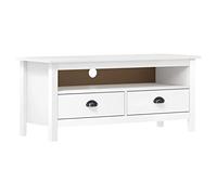 HETFTJN Meuble TV en Bois de Pin Massif Blanc 110x40x47 cm, Buffet de Salon Style Rustique Hill Range avec 2 Tiroirs et 1 Compartiment, Support de Télévision Bas avec Poignées