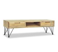 HETFTJN Meuble TV en Teck Massif Recyclé 120x35x35 cm, Banc TV Rustique de Style Colonial avec 2 Tiroirs et 1 Compartiment, Buffet Bas avec Pieds en Fer Forgé pour Salon
