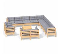 HETFTJN Salon de Jardin 14 Pièces avec Coussins Gris, Canapé Modulaire d'angle et Central en Bois de Pin Massif, Ensemble de Meubles pour Terrasse, Patio et Extérieur