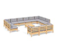 HETFTJN Salon de Jardin 14 Pièces en Bois de Pin Massif, Grand Canapé de Jardin Modulable avec Coussins Gris, Mobilier d'Extérieur pour Patio, Terrasse et Balcon
