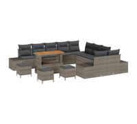 HETFTJN Salon de Jardin 14 Pièces en Résine Tressée Grise, Ensemble Canapé Modulable Extérieur avec Table en Bois d'Acacia et Coussins Déhoussables pour Terrasse et Balcon