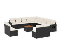 HETFTJN Salon de jardin 14 pièces - Noir - 62 x 62 x 69 cm - En polyrotin - Avec table en bois d'acacia - Coussins modulaires - Pour balcon, terrasse, jardin