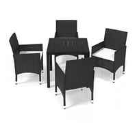HETFTJN Salon de jardin 5 pièces en polyrotin noir 80 cm table de jardin plateau en aluminium WPC 4 chaises avec coussins blanc crème design moderne robuste et durable pour balcon, terrasse et petites