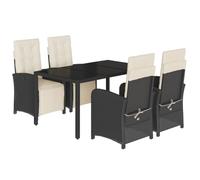 HETFTJN Salon de jardin 5 pièces en polyrotin noir avec table en verre de 150 x 90 cm, fonction couchage réglable, coussins d'assise d'extérieur couleur crème, résistant aux intempéries, pour petites