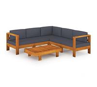 HETFTJN Salon de jardin 6 pièces en bois d'acacia avec coussins gris foncé de 10 cm - Canapé d'angle moderne - Partie centrale - Table pour balcon, terrasse, petites surfaces