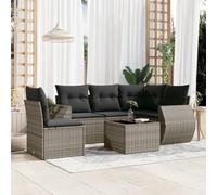 HETFTJN Salon de jardin 6 pièces en polyrotin - Gris - Canapé d'angle - Table d'appoint - Plateau en verre - Coussins amovibles - Module balcon