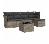 HETFTJN Salon de Jardin 6 Pièces, Ensemble Canapé de Jardin en Résine Tressée Grise avec Table Basse en Verre et Coussins, Mobilier Modulaire pour Patio, Terrasse et Balcon