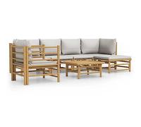 HETFTJN Salon de Jardin 7 Pièces en Bambou Naturel, Ensemble Canapé d'Extérieur Modulaire avec Coussins Gris Clair, Table Basse et Fauteuil pour Terrasse et Balcon