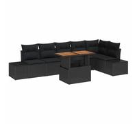 HETFTJN Salon de jardin 7 pièces en polyrotin avec plateau de table en bois d'acacia, salon modulaire avec espace de rangement et coussin d'assise pour terrasse et balcon, noir et marron
