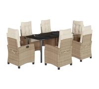 HETFTJN Salon de Jardin 7 Pièces en Résine Tressée, Ensemble Repas Extérieur avec 1 Table en Verre Trempé 160x80cm et 6 Fauteuils Inclinables avec Coussins Déhoussables, Beige et Noir