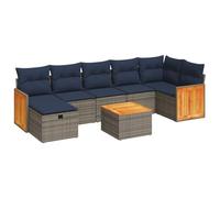 HETFTJN Salon de Jardin 8 Pièces en Résine Tressée Grise, Ensemble Canapé Modulaire d'Extérieur avec Coussins Bleu Marine et Table Basse en Bois pour Terrasse et Balcon